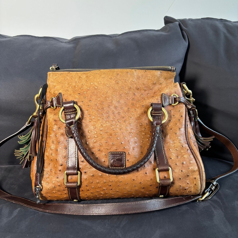 Dooney & Bourke Ostrich Embossed Leather Satchel Cognac Tan Crossbody Bag